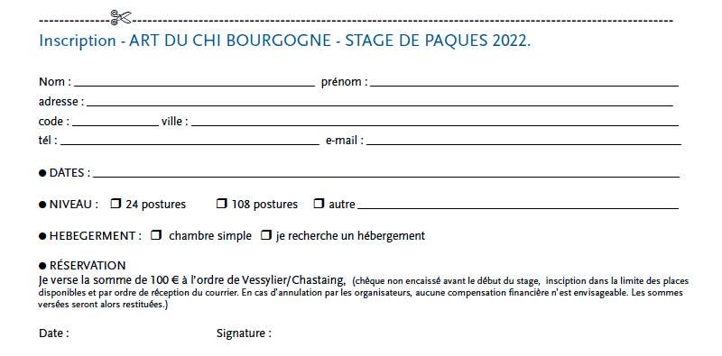 bordereau d'inscription stage de perfectionnement art du Chi du 23 au 27 avril 2022