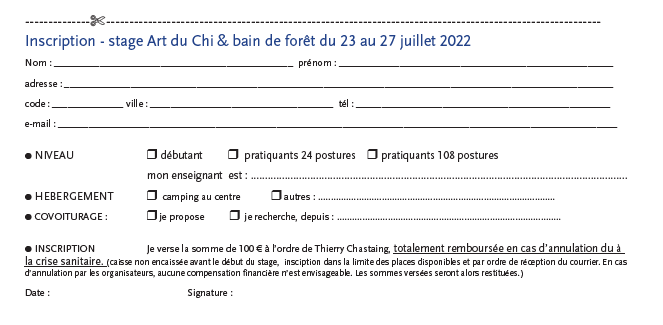 bordereau d'inscription stage art du Chi et bain de forêt juillet 2022